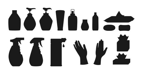 Disinfection sanitizer bottles black silhouette set. Coronavirus infographic shape collection. Hygiene cartoon medical washing gel spray, liquid soap napkin, rubber glove. Isolated vector illustration