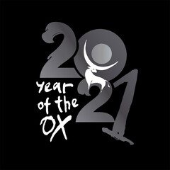 Year of the Ox 2021 in Chinese zodiac. White bull and metallic colored figures on a black background. Vector element for New Year's design in flat style.
