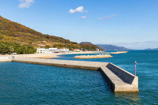 Landscape of the seto inland sea , Breakwaters and beach at Megi island , Takamatsu city, Kagawa, Shikoku, Japan	