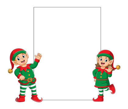The two elfs using the Santa clause clown costume standing near the blank board