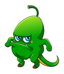 The green monster with the sharp teeth and blue eyes with the long tail