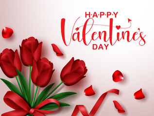 Valentine's vector banner background. Happy valentine's day text with romantic red tulip flower in empty space for valentine's day  greeting card. Vector illustration