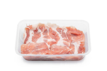 fresh Sliced raw pork in plastic box on white clear background.