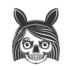 skull head of woman with bunny ears.