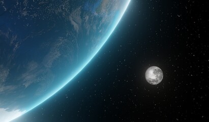 地球を周回する月【星あり】、3Dレンダリング © v_0_0_v