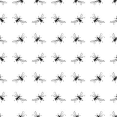 Simple seamless pattern of freehand sketch of flying bees, drawn and digitized, in black and white. Vector illustration for fashion, package design, wallpaper, textile, fabric, wrapping paper.