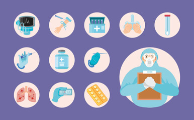 coronavirus covid 19 medical staff medicine treatment test for disease icons