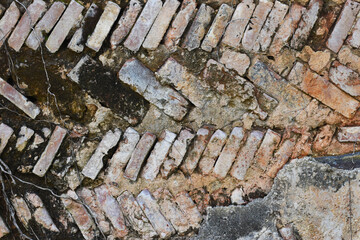 Empty Old Brick Wall Texture. Painted Distressed Wall Surface. Grungy Wide Brickwall. Grunge Red Stonewall Background.