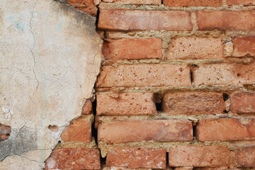 Empty Old Brick Wall Texture. Painted Distressed Wall Surface. Grungy Wide Brickwall. Grunge Red Stonewall Background.