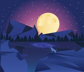 landscape wolf is howling to the moon by the lake at starry sky