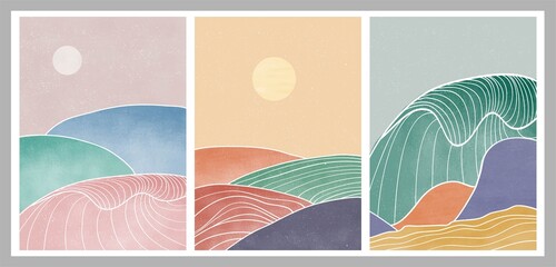 Natürliche abstrakte Welle und Berg. Moderner minimalistischer Kunstdruck der Mitte des Jahrhunderts. Abstrakte zeitgenössische ästhetische Hintergrundlandschaft. Vektorillustrationen © gina