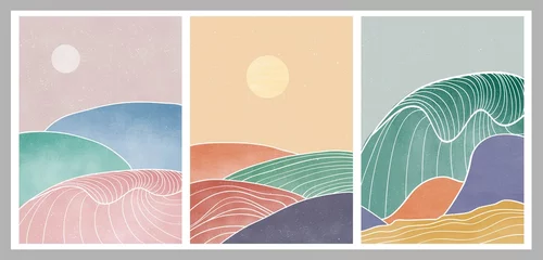 Natürliche abstrakte Welle und Berg. Moderner minimalistischer Kunstdruck der Mitte des Jahrhunderts. Abstrakte zeitgenössische ästhetische Hintergrundlandschaft. Vektorillustrationen © gina