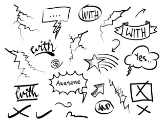 Obraz premium hand drawn set abstract doodle element with arrow, catchwords, star, bubble speech, crack, wrong mark for concept design. isolated on white background. vector illustration