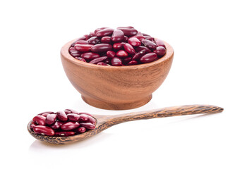 Red beans in wood spoon on white background