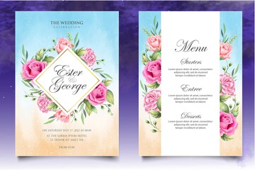 Watercolor hand drawing floral wedding invitation card