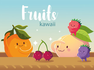 fruits kawaii funny face happiness orange peach cherry blackberries cartoon