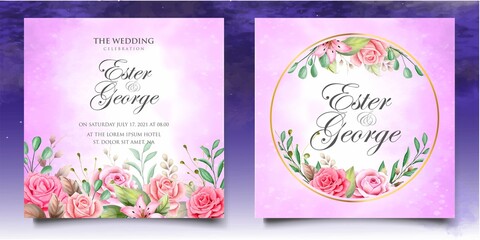 Watercolor hand drawing floral wedding invitation card