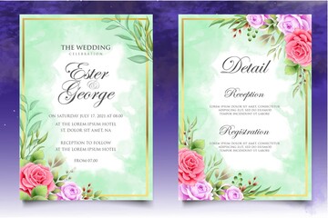Watercolor hand drawing floral wedding invitation card