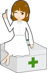 薬箱に座る可愛い薬剤師のイラスト