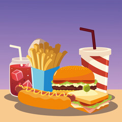 fast food burger hot dog sandwich french fries and soda