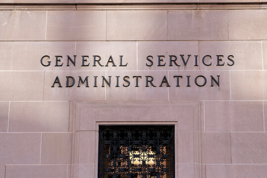 Washington, DC, USA- January 12, 2020: General Services Administration (GSA) sign is seen in Washington, DC. USA. GSA is an independent agency of the United States government.