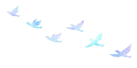 群れて飛ぶ鳥　カラーシルエット　水彩イラスト