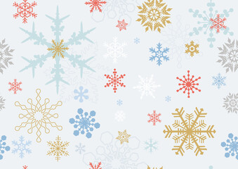 Seamless background and wallpaper of colorful snowflake in vintage colors style on light blue background