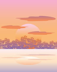 landscape nature sun forest trees sky clouds reflection on water