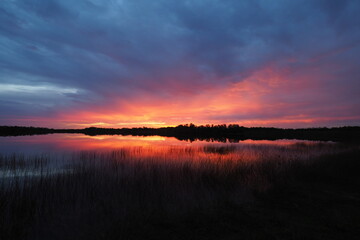 Colorful sunrise cloudscape reflected on tranquil water of Nine Mile Pond in Everglades National Park, Florida.