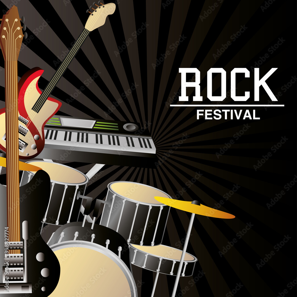 Wall mural rock festival poster advertising musical instruments black sunburst background