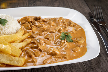 Strogonoff de carne com fritas close