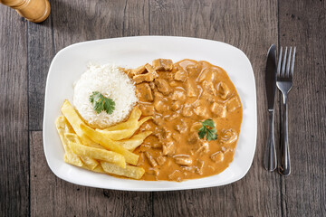 Strogonoffe de carne com fritas view top