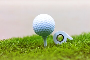 Golf ball with toilet tissue are on green grass for quarantine period