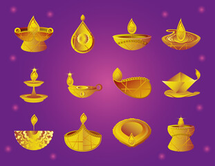 happy diwali festival, gold diya lamps light flame collection icons, purple gradient background