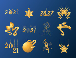happy new year golden numbers ribbon fireworks ball over blue background