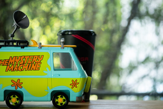 Bangkok, Thailand - December 12, 2020 : Scooby doo the mystery machine car diecast and glass of soft drink premium from Major Cineplex