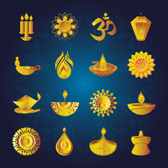 happy diwali festival, collection icons gold diya lamps lantern flower mandala set icons