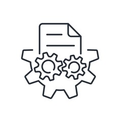 Document and gears. Optimization of the data processing process.Improvement, automation work with documents.Sorting information. Vector linear icon isolated on white background.