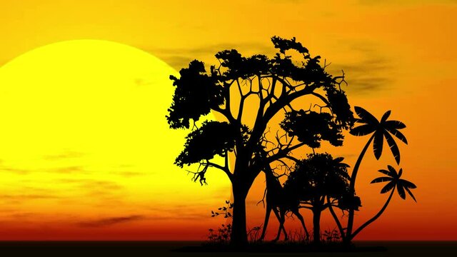 Silhouette of giraffe walking in the  sunset in the africa, 2d animation cartoon