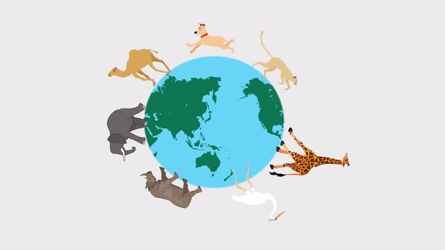Ecological environment protection concept, animals around the globe, 2d animation, cartoon