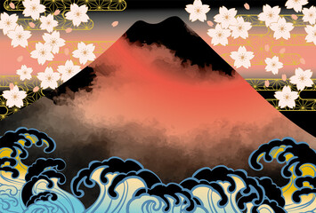 和風 桜と富士山と波の日本画風イラスト Abstract Poster Abstra ヨーグル