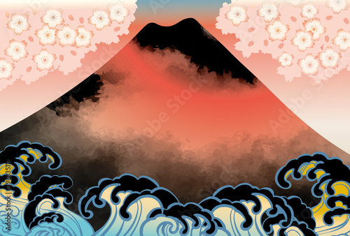 和風 桜と富士山と波の日本画風イラスト Wall Mural ヨーグル