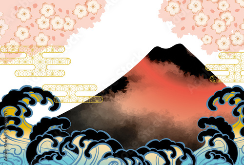 和風 桜と富士山と波の日本画風イラスト Poster Posters ヨーグル