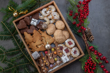 Traditional home made German Christmas Cookies on a festive table