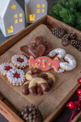Traditional home made German Christmas Cookies on a festive table