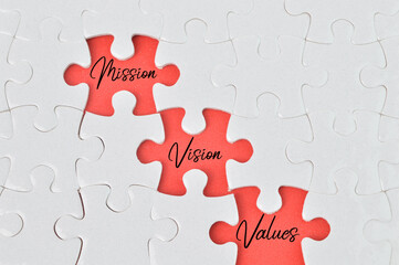 The words MISSION, VISION, VALUES in missing piece jigsaw puzzle. Business and education concept.