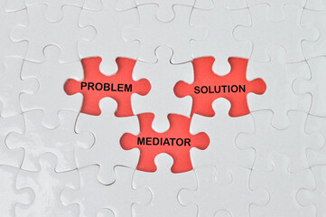 The words PROBLEM SOLUTION MEDIATOR in missing piece jigsaw puzzle. Business concept. 