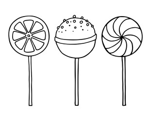 Set of lollipops. Three caramel candies. For a holiday, postcards, menus, parties. Drawn in outline in doodle style. Vector illustration.