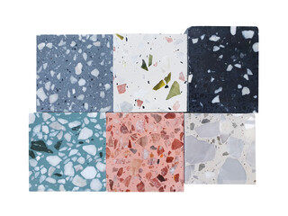set of multi color and pattern real terrazzo samples including grey ,beige ,black ,green and pink color with large stones fragment texture. trendy interior material isolated on white background. 