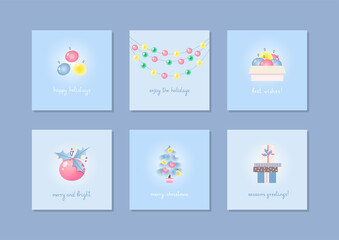 Winter holiday templates. Collection of greeting cards and backdrops with Christmas decorations on a blue background. Suitable for social media post and web banner design. Vector 10 EPS.